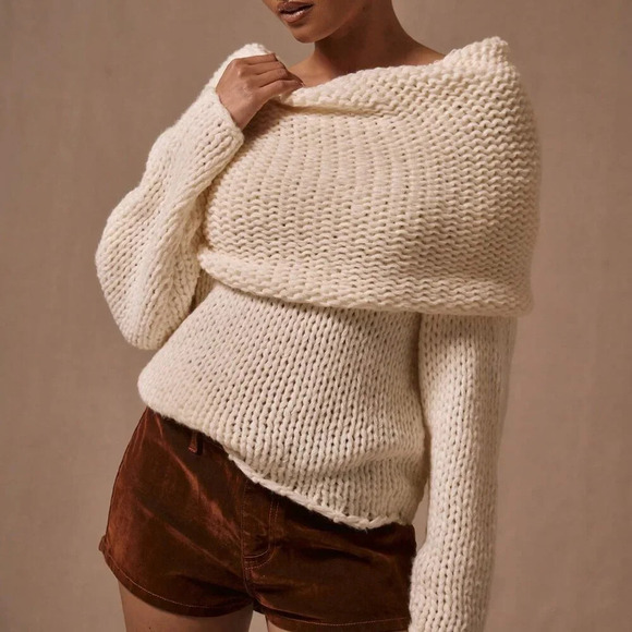 Cream Casual Women's Oversized Foldover Boat Neck Knit Jumper - Picture 1 of 5